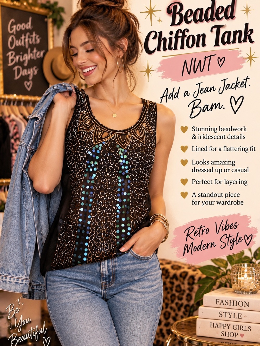 Retro Glam Beaded Black Chiffon Tank Top - Stylish Layering Piece NWT